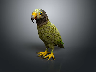 Green Parrot With Yellow Beak And Claws Standing On Dark Background 3d model