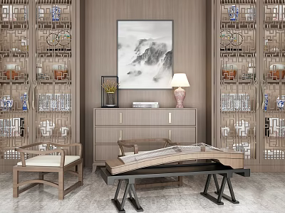 Chinese Style Entryway Cabinet And Side Cabinet With Decorative Painting Table Lamp And Chair 3d model