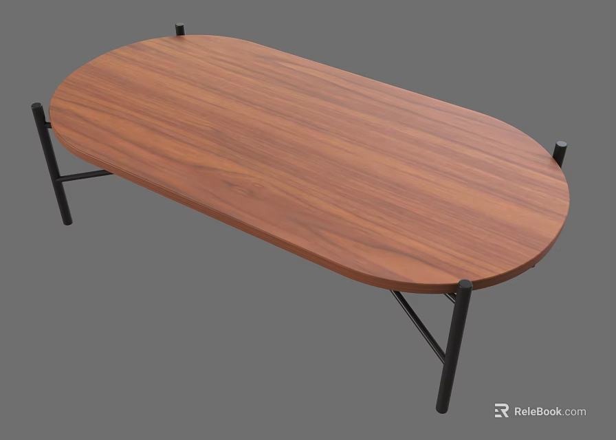 Modern Oval Shaped Dining Table With Wooden Tabletop And Black Metal Legs 3d model 