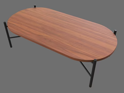 Modern Oval Shaped Dining Table With Wooden Tabletop And Black Metal Legs 3d model