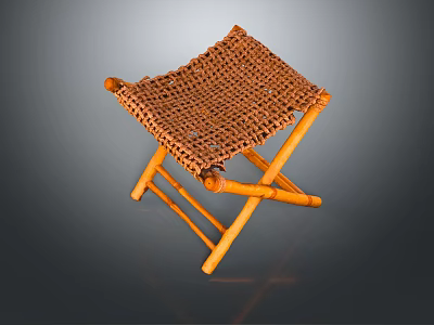 Foldable Wooden Stool With Handwoven Wicker Seat And Natural Craft Design 3d model
