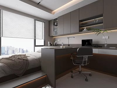 Modern Tatami Bedroom Interior with City View Window Blinds Desk Chair and Storage Cabinets 3d model