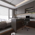 Modern Tatami Bedroom Interior with City View Window Blinds Desk Chair and Storage Cabinets