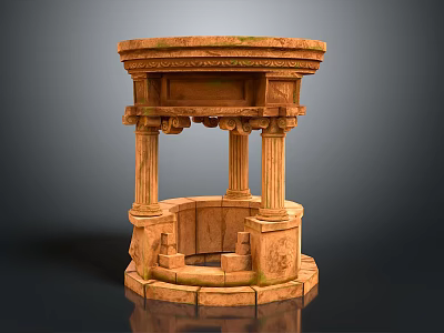 Rustic Stone Garden Ornament With Circular Base Carved Columns And Moss Accents 3d model