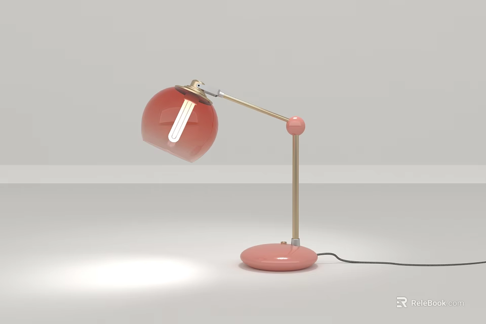 Pink Table Lamp With Red Spherical Shade Gold Arm And Pink Lit Base 3d model 