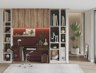 Modern Home Office Desk With Wooden Cabinets Bookshelves Desk Lamp Decorative Painting And Potted Plant 3d model