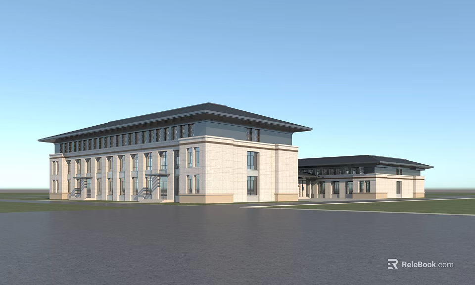 Modern School Building With Beige Exterior Black Roof And Large Windows Design 3d model 