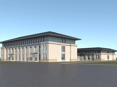 Modern School Building With Beige Exterior Black Roof And Large Windows Design 3d model