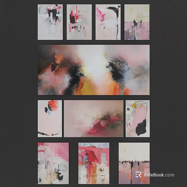 Diverse Modern Abstract Paintings With Colorful Brushstrokes And Wall Art 3d model 