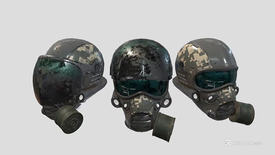 Three Tactical Helmets With Face Visor Breathing Apparatus Camouflage Pattern And Weathered Texture 3d model 