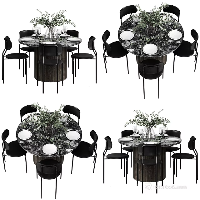Elegant Round Dining Table Set With Black Chairs Marble Top And Green Plant Vase 3d model 