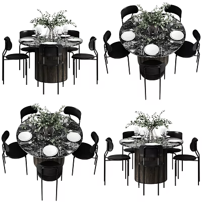 Elegant Round Dining Table Set With Black Chairs Marble Top And Green Plant Vase 3d model