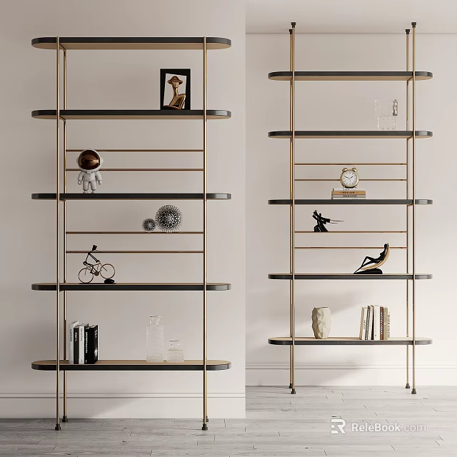 Modern Bookshelf With Decorative Sculptures Photo Frame Books Vase Black Shelves And Gold Frame 3d model 