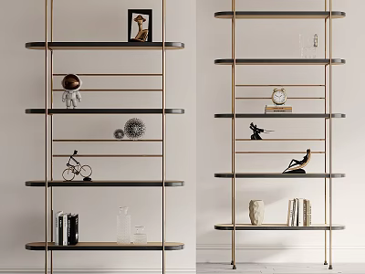 Modern Bookshelf With Decorative Sculptures Photo Frame Books Vase Black Shelves And Gold Frame 3d model