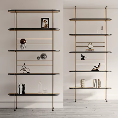 Modern Bookshelf With Decorative Sculptures Photo Frame Books Vase Black Shelves And Gold Frame 3d model