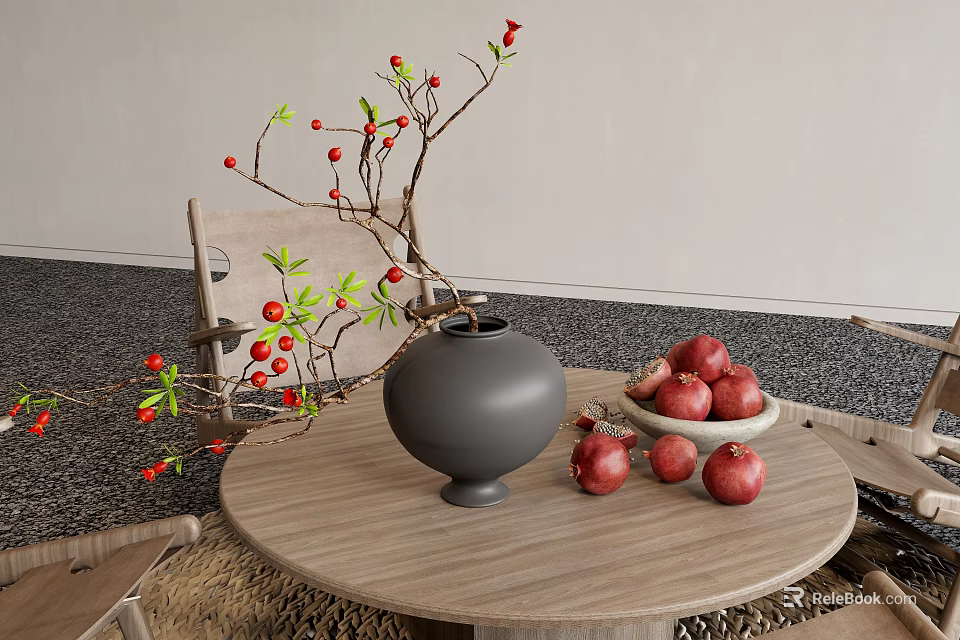Gray Ceramic Vase With Red Pomegranates And Berry Branches On Wooden Round Table 3d model 