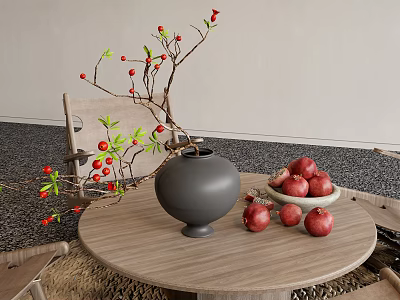 Gray Ceramic Vase With Red Pomegranates And Berry Branches On Wooden Round Table 3d model