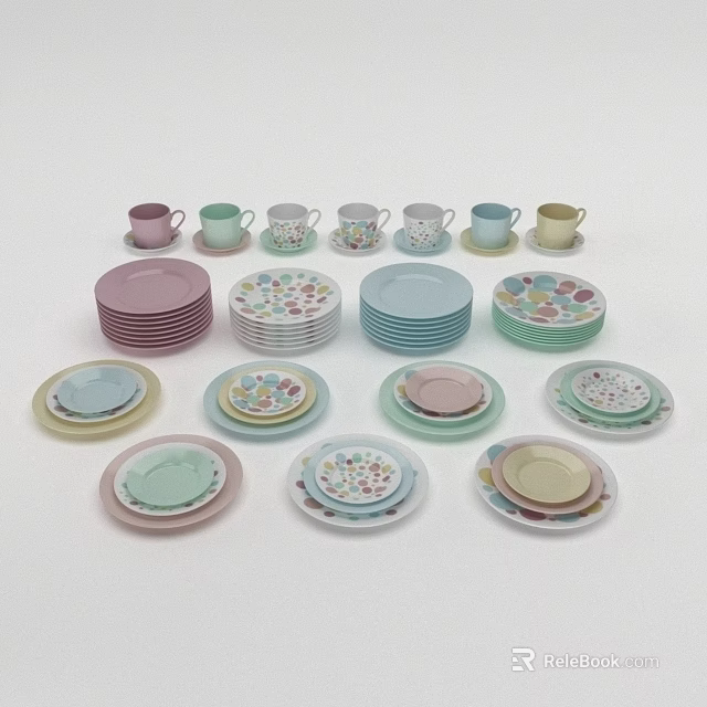 Colorful Floral Pattern Dinnerware Set With Mugs Dinner Plates And Saucers For Modern Kitchen Table Setting 3d model