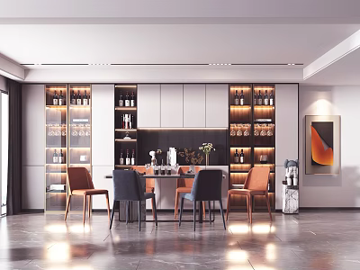 Modern Elegant Restaurant Interior With Wine Cabinets Dining Table Chairs Pendant Lights And Marble Floor 3d model