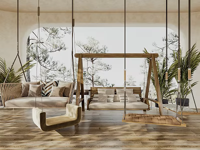 Wooden Hanging Swings Indoor Play Equipment with Cushions Green Plants and Window View 3d model