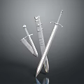 Three Silver Swords Display Featuring Short And Long Blades With Sheath On Dark Surface 3d model