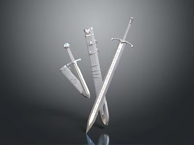 Three Silver Swords Display Featuring Short And Long Blades With Sheath On Dark Surface 3d model