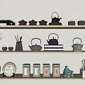 Elegant Tea Set Displayed On Wooden Shelves With Teapots Teacups And Decorative Items