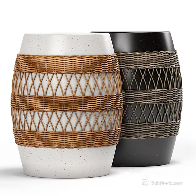White And Black Cylindrical Stools With Brown And Gray Woven Diamond Patterns 3d model