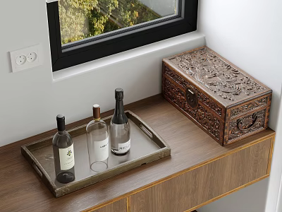 Elegant Decorative Ornament Set With Tray And Bottles And Carved Wooden Box On Wooden Countertop 3d model