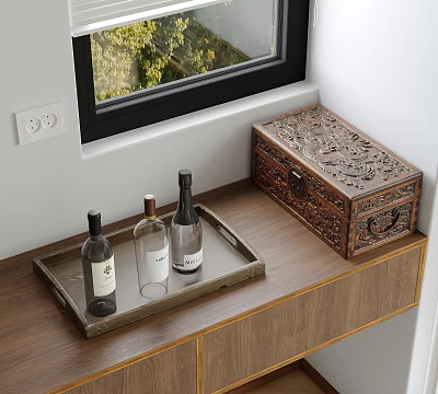 Elegant Decorative Ornament Set With Tray And Bottles And Carved Wooden Box On Wooden Countertop 3d model