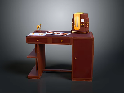 Vintage Brown Desk Setup With Radio Table Lamp Cards Drawers And Shelves 3d model