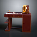 Vintage Brown Desk Setup With Radio Table Lamp Cards Drawers And Shelves