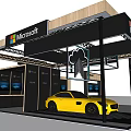 Microsoft Modern Exhibition Booth with Yellow Car Cloud Display and Screens