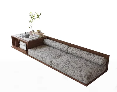 Stylish Banquette Sofa With Wooden Frame Gray Patterned Cushion And Side Table Green Plant 3d model