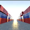 Red And Blue Industrial Containers Arranged With Sunset Light Shining Through And Airplane Flying Overhead
