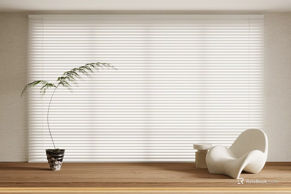 White Window Blinds in Modern Interior with Wooden Floor Potted Plant and White Chair 3d model 