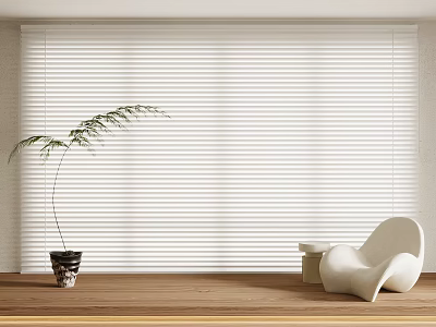 White Window Blinds in Modern Interior with Wooden Floor Potted Plant and White Chair 3d model