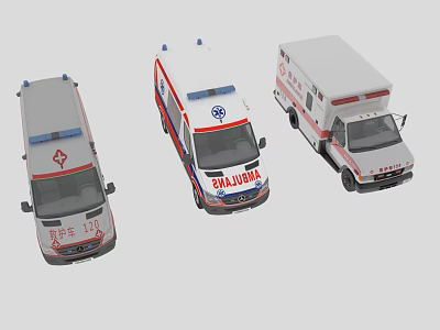 Three Different Ambulance Functional Vehicles With White Red Blue Design And Medical Cross 3d model
