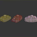 Three Green Miniature Tank Models With Domed Turrets On Gray Reflective Background