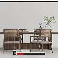 Modern Wooden Dining Table Set With Rattan Chairs And Green Plant Decor