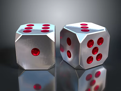 Silver Metallic Dice With Red Dots On Shiny Reflective Surface 3d model