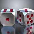Silver Metallic Dice With Red Dots On Shiny Reflective Surface 3d model