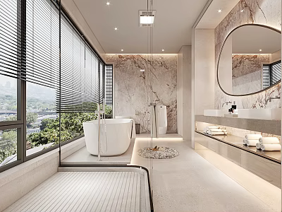 Modern Bathroom Interior Design With Marble Walls Bathtub Large Mirror And Double Vanity 3d model