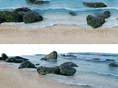 Natural Stone and Wood Elements on Beach with Rolling Waves and Sandy Shore 3d model