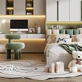 Modern Tatami Bedroom Interior With Green Storage Cabinets Stuffed Toys Desk And Rug