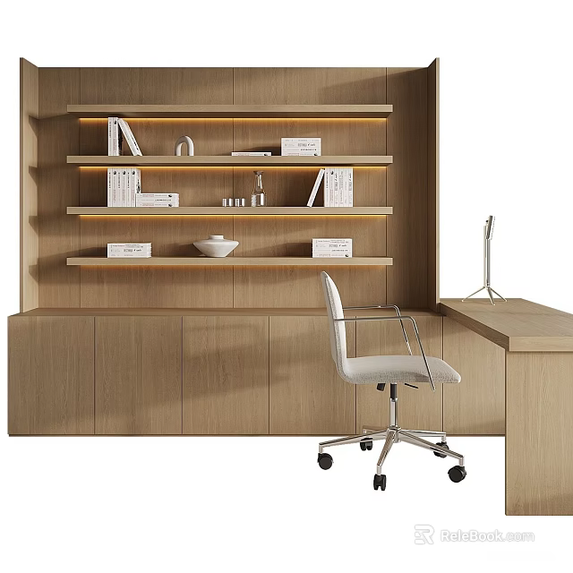 Modern Home Office Desk With Wooden Shelves Books Decorative Items And White Chair 3d model 