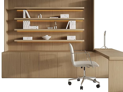 Modern Home Office Desk With Wooden Shelves Books Decorative Items And White Chair 3d model