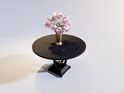 Small Black Round Table With Vase Holding Pink And White Flowers 3d model