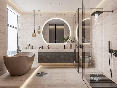 Modern Bathroom Interior Design With Freestanding Bathtub Round Mirror And Glass Shower 3d model