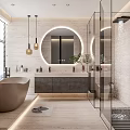 Modern Bathroom Interior Design With Freestanding Bathtub Round Mirror And Glass Shower